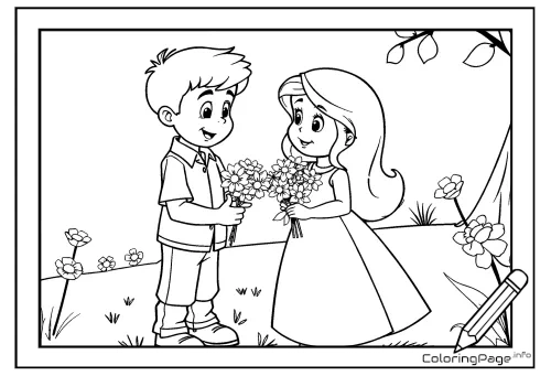 Online coloring page Kids and Flowers