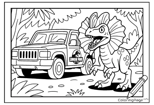 Online coloring page Dilophosaurus and an Off-Road Vehicle