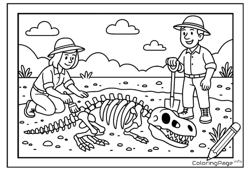 Online coloring page Archaeologists and a Dinosaur Skeleton