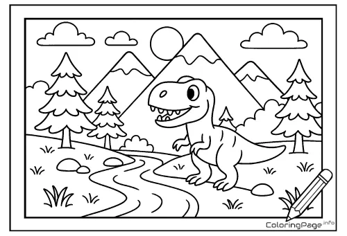 Online coloring page T-Rex in the Mountains