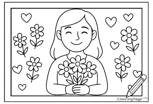 Online coloring page Mom with a Bouquet