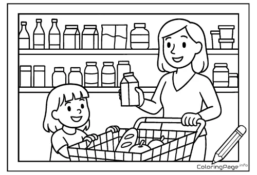 Online coloring page Shopping with Mom