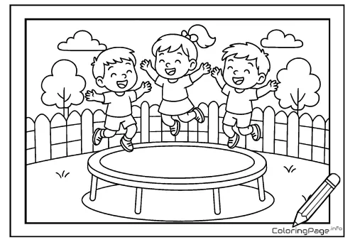 Online coloring page Kids on a Trampoline