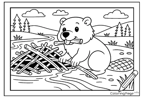 Online coloring page Beaver and Lodge