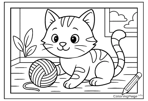 Online coloring page Kitten with a Ball of Yarn