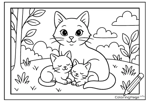 Online coloring page Mother Cat with Kittens