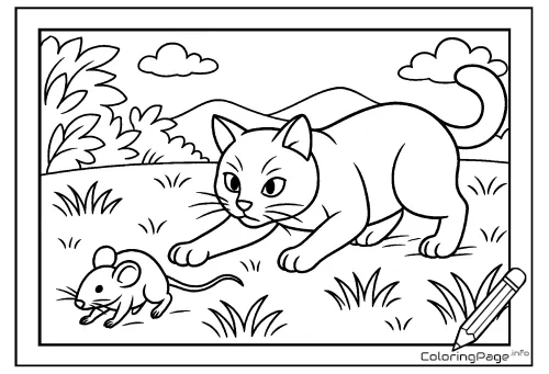 Online coloring page Cat Hunting a Mouse
