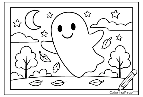 Online coloring page Friendly Ghost Above the Meadow