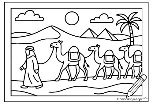 Online coloring page Caravan by the Pyramids