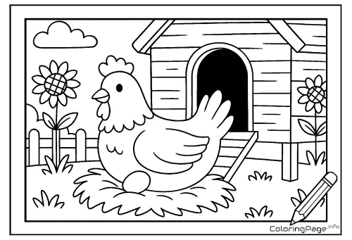 Online coloring page Hen Incubating Eggs