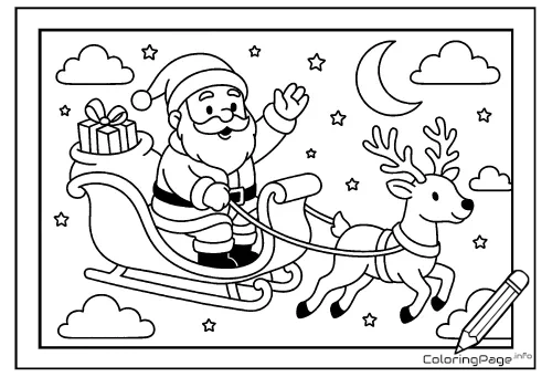 Online coloring page Santa in a Sleigh with a Reindeer