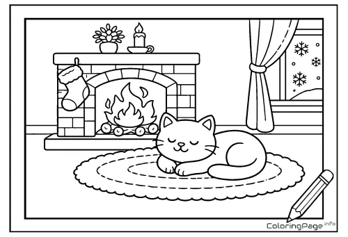 Online coloring page Cat by the Fireplace