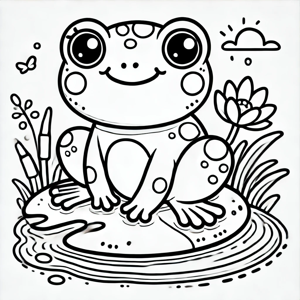 Frog Coloring Page for Kids - A simple and playful line drawing of a frog designed for children to color. The frog should have a cute, rounded body, big eyes, and a friendly smile. It could be sitting on a lily pad with little details like water ripples around it, and a few large leaves or flowers in the background. The style should be cartoonish, with clear, bold outlines and minimal details to make it easy for kids to color in.